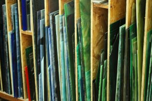 Glass storage at Stained Glass Studio