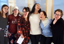 Photo by Don Lipps - Pay What You Can Acting Class participants (from left to right) Isabella Owens, Cadence Smith, Jill Fischer, Michelle Parsneau, and Christi Smith join instructor Amanda Joy Hauman for a time of learning and fun!