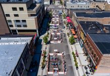 Photo courtesy of Greater Mankato Area United Way. Aerial shot of Front Street and the 2017 Human Foosball tournament.