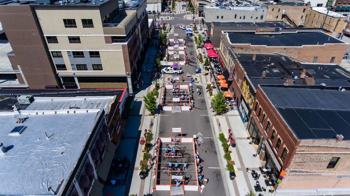 Photo courtesy of Greater Mankato Area United Way. Aerial shot of Front Street and the 2017 Human Foosball tournament.