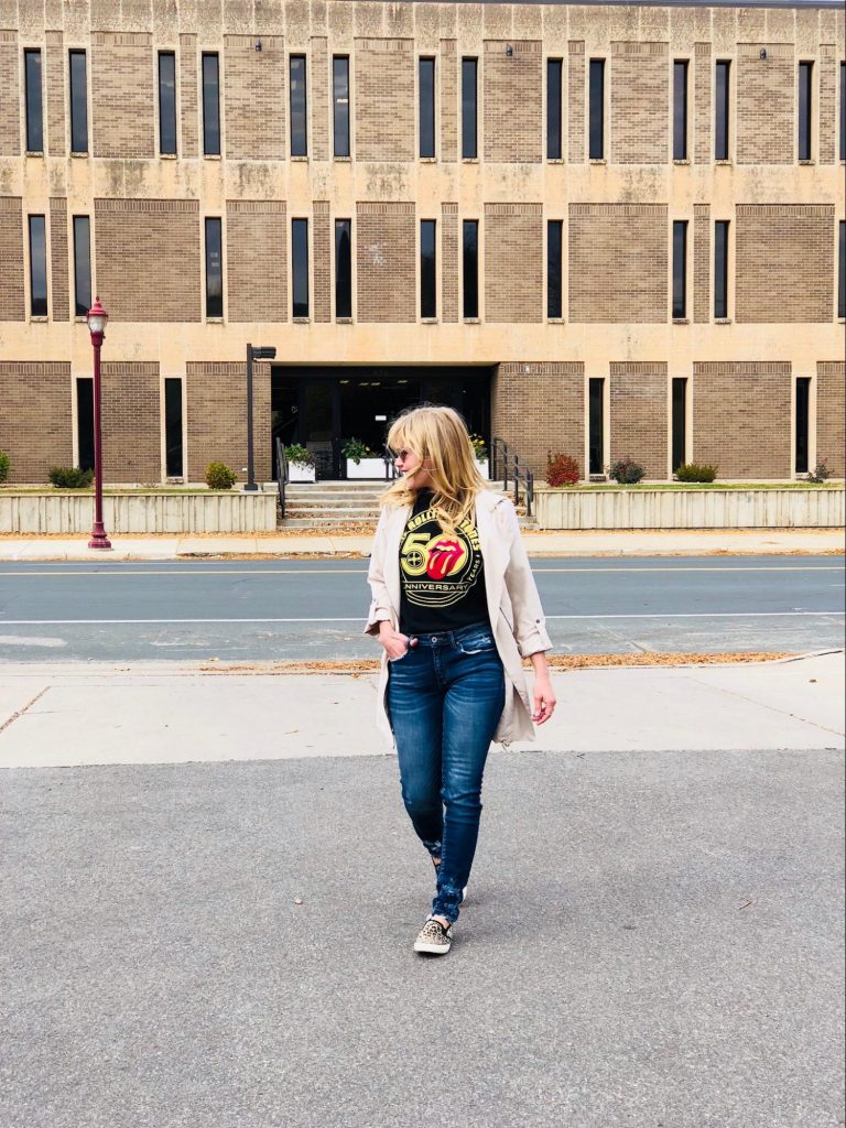 Photo and Design by Stephanie Braun - Rolling Stones Tee Look - Cinch Waist Jacket: Graif Clothing, Rolling Stones Tee: Vagabond Village, Denim: Bella Nova - Model: Stacy K