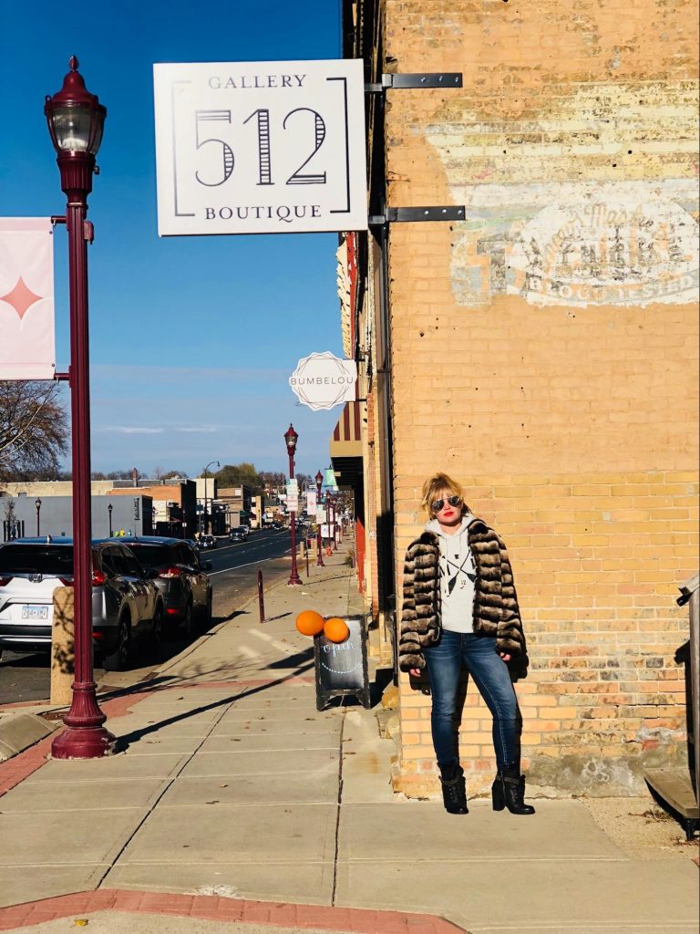 Photo and Design by Stephanie Braun - Vintage Angora Fur Look - Vintage Angora Fur Coat: Encore, MN Sweatshirt: Gallery 512 Boutique, Denim: Bella Nova, Sunnies: Gallery 512 Boutique - Model: Stacy K