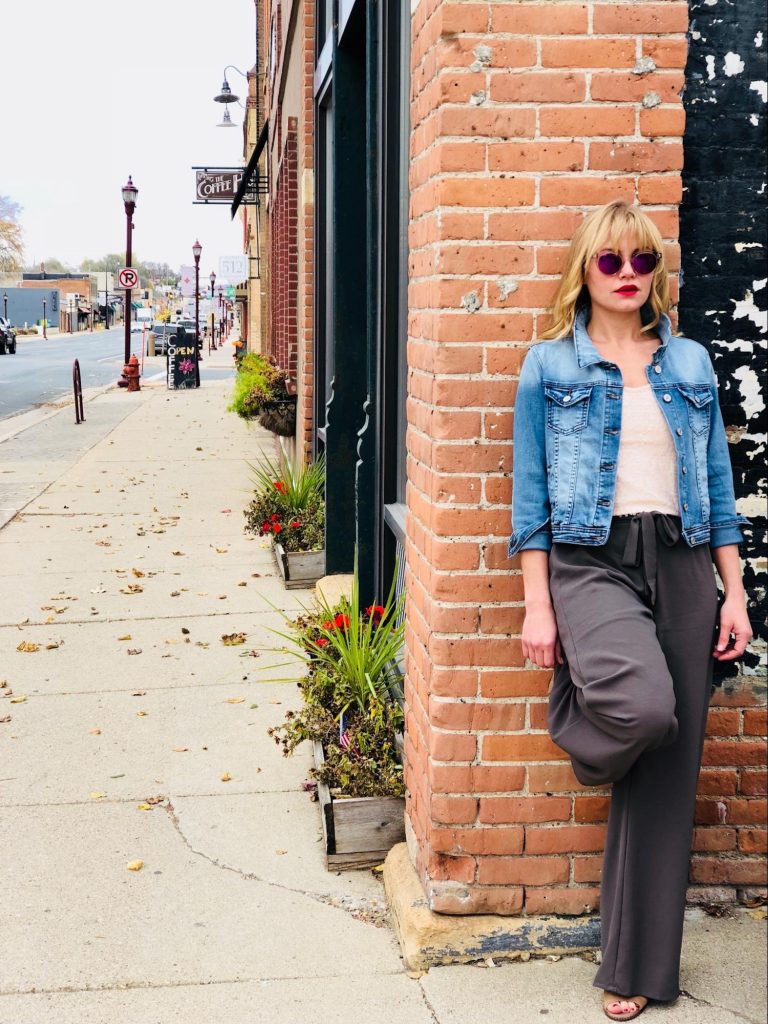 Photo and Design by Stephanie Braun - Sequin Bustier Look - Denim Jacket: Bella Nova, Sequin Bustier: Vagabond Village, Wide Leg Pants: Bella Nova - Model: Stacy K