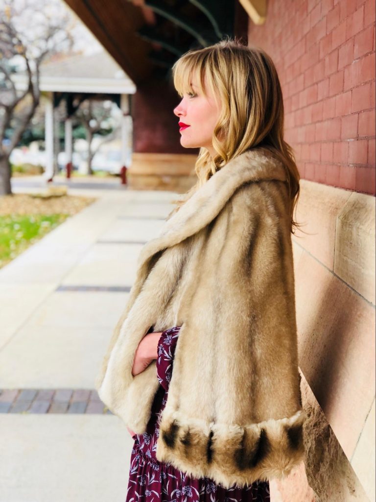 Photo and Design by Stephanie Braun - Maxi Dress Look - Burgundy Maxi Dress: Vivian Rose Boutique, Vintage Fur Stole: Vagabond Village - Model: Stacy K