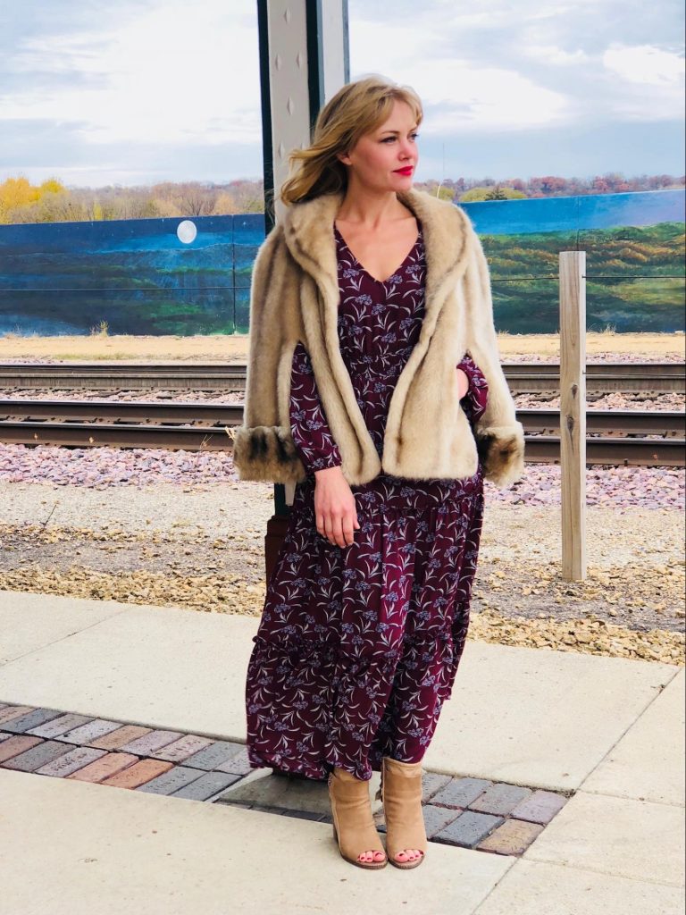 Photo and Design by Stephanie Braun - Maxi Dress Look - Burgundy Maxi Dress: Vivian Rose Boutique, Vintage Fur Stole: Vagabond Village - Model: Stacy K