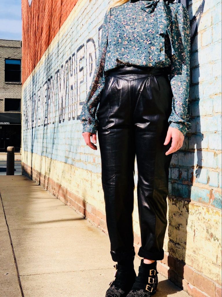 Photo and Design by Stephanie Braun - Dressy Leather Pant Look - Floral Print Blouse: Vivian Rose Boutique, Vintage Leather Pants: Vagabond Village - Model: Stacy K