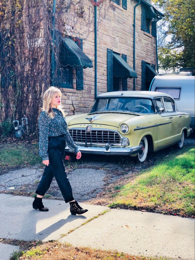 Photo and Design by Stephanie Braun - Dressy Leather Pant Look - Floral Print Blouse: Vivian Rose Boutique, Vintage Leather Pants: Vagabond Village - Model: Stacy K