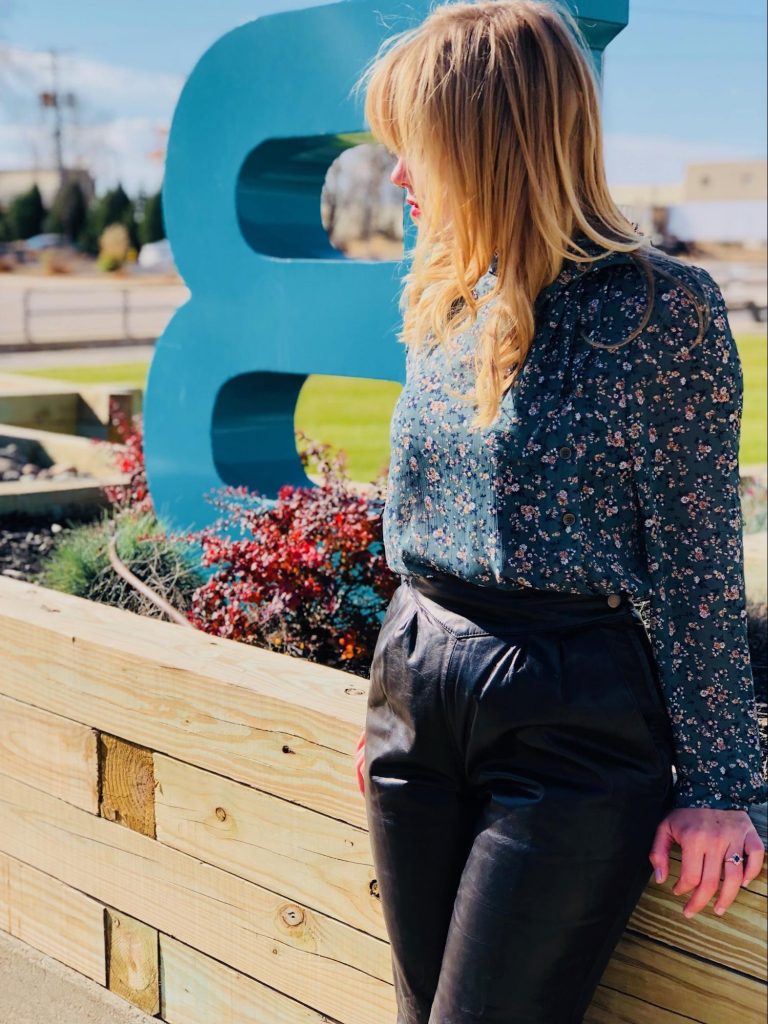 Photo and Design by Stephanie Braun - Dressy Leather Pant Look - Floral Print Blouse: Vivian Rose Boutique, Vintage Leather Pants: Vagabond Village - Model: Stacy K