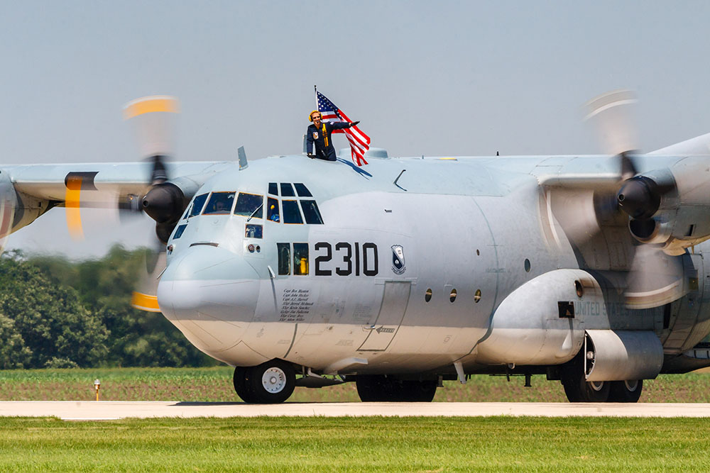 Photo by Rick Pepper - 2012 Mankato Air Show - The Marine C-130 taxis in after performing a demonstration normally performed by "Fat Albert", the C-130 permanently attached to the Blue Angels