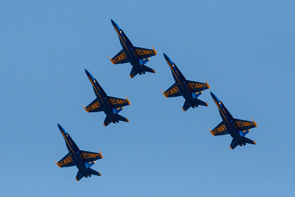 Photo by Rick Pepper - 2012 Mankato Air Show - The Blue Angels flies the Delta formation sans the slot (#6) aircraft