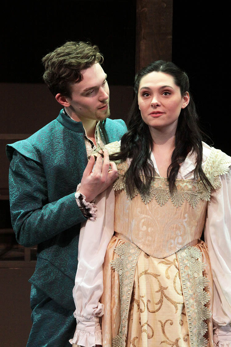 Photo courtesy Minnesota State University, Mankato Department of Theatre & Dance - William Shakespeare (Ryan Joseph Feist) declares his new-found love to the Lady Viola de Lesseps (Chloe Sirbu) as they recite lines from his new play, “Romeo and Juliet.”
