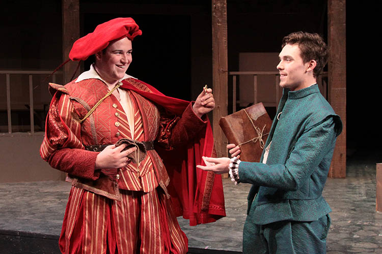 Photo courtesy Minnesota State University, Mankato Department of Theatre & Dance - The famous actor Richard Burbage (Colin Nord) pays budding playwright William Shakespeare (Ryan Joseph Feist) two sovereigns for his latest play, “Romeo.”