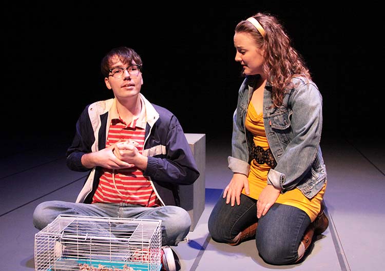 Submitted Photo - Christopher (Ryan Christopherson), with his pet rat, Toby, explains to his mother, Judy (Lindsey Oetken), how he got to London all by himself. - The Curios Incident of the Dog in the Night-Time