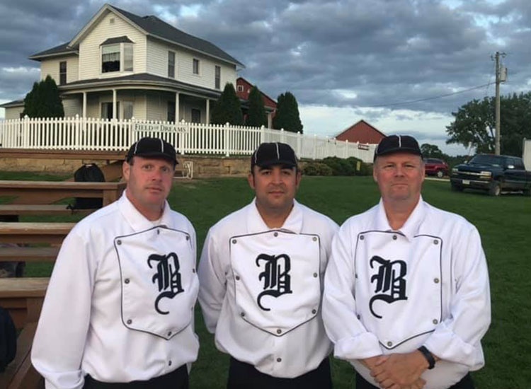 Photo Courtesy of Mike Lagerquist - Ben Hoffman, Paul Biedscheid, and Mike Lagerquist in their Mankato Baltics base ball team uniforms at The Field of Dreams.