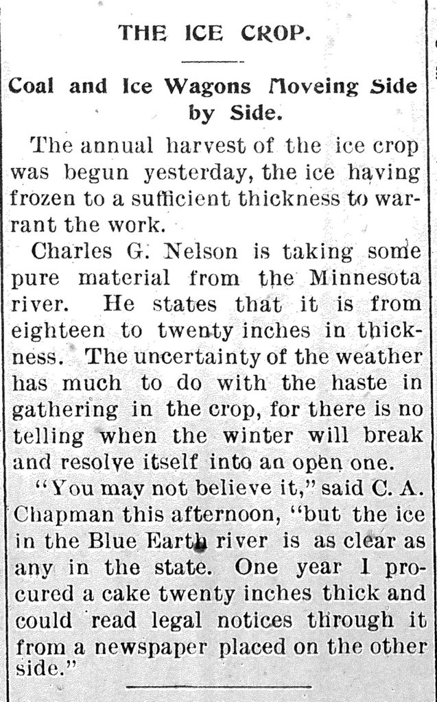 Submitted Image - Clip from the Free Press, January 9, 1895 reporting on the ice harvest.