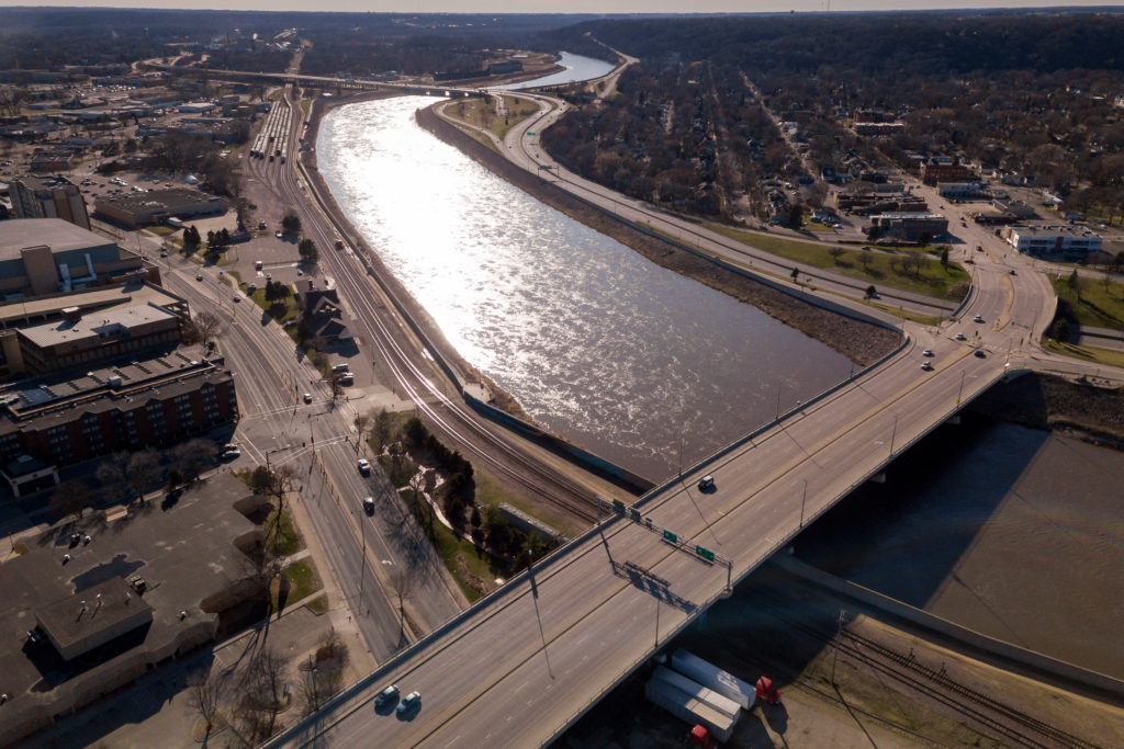 Photo by Rick Pepper - Aerial view of the Minnesota River and Veterans Memorial Bridge looking southwest