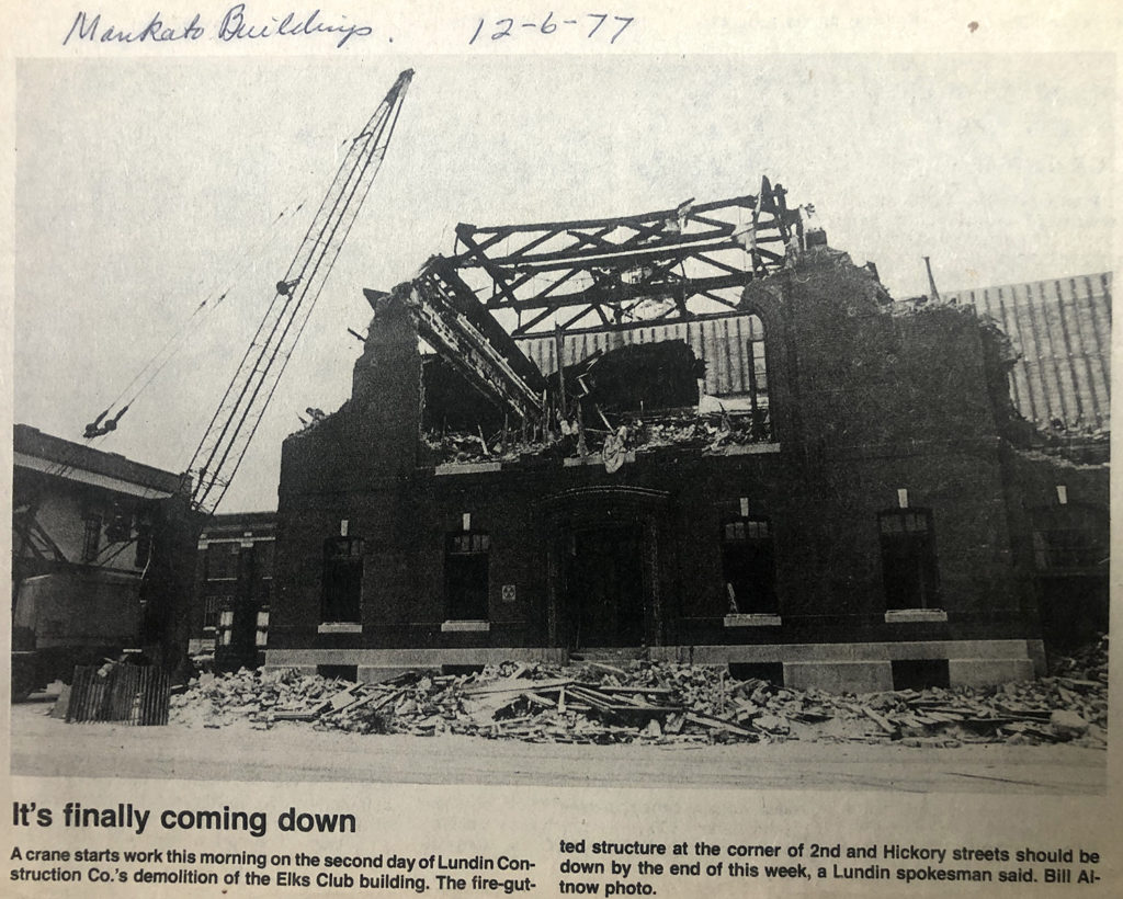 December 12, 1977 Mankato Free Press showing the demolition of the original Elks Lodge