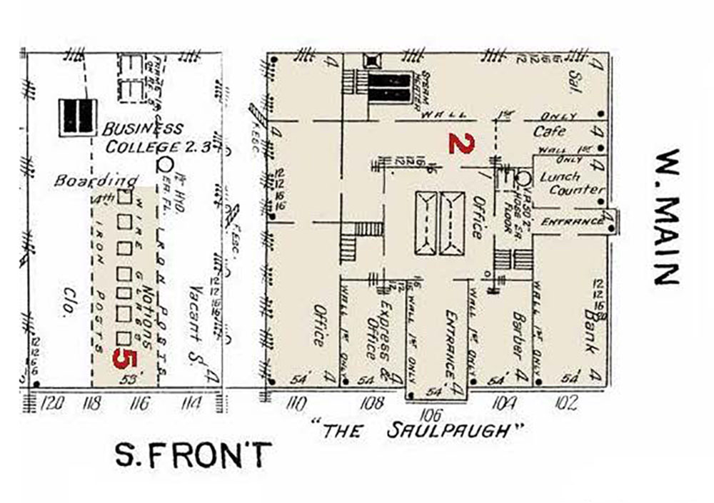 Image from Discover Deep Valley by Julie A. Schrader - 1908 Insurance Maps by the Sanborn Company, Mankato - Saulpaugh first level layout.