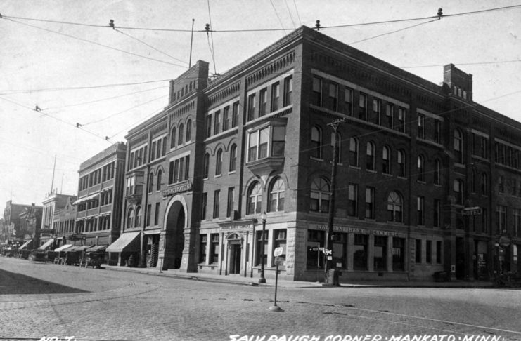 Photo courtesy Maud Hart Lovelace’s Deep Valley by Julie A. Schrader - The Saulpaugh Hotel was located where the City Center Hotel sits today. This photograph shows the main entrance to the hotel as it faces South Front Street with Main Street in the foreground, circa 1925. Originally there was an entrance on the Union Depot and Minnesota River side of the hotel. At that time most patrons arrived by steamboat or railroad. The image was taken from approximately where the south entrance of the Blue Earth County Library sits today. The current City Center Hotel ramp sits where South Front Street met Main Street.