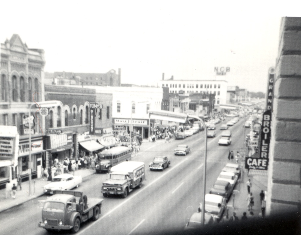 Photo courtesy of Lowell Johnson - View of Front Street taken from the window of one of the hotel rooms in 1965. The two-story Graif building toward the center of the picture offers some context for where South Front Street used to run.