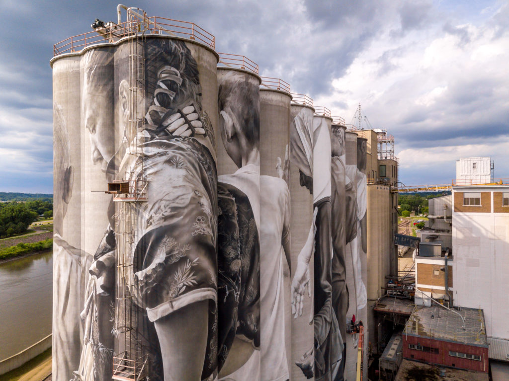 Photo by Rick Pepper - Aerial view of the Silo Art Project in Mankato, MN