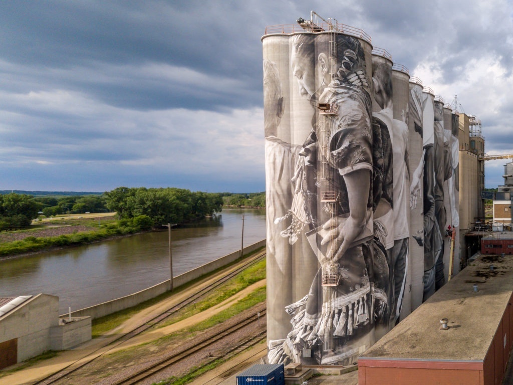 Photo by Rick Pepper - Aerial view of the Silo Art Project in Mankato, MN