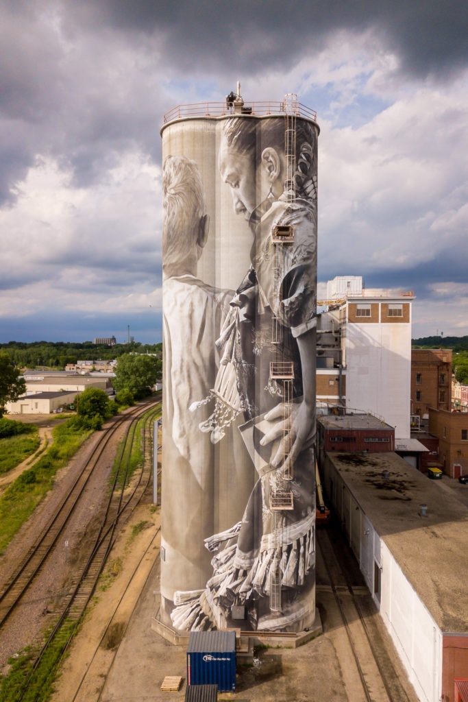 Photo by Rick Pepper - Aerial view of the Silo Art Project in Mankato, MN