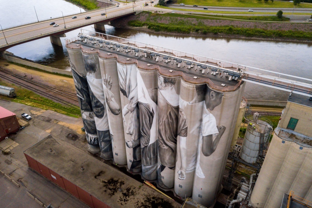 Photo by Rick Pepper - Aerial view of the Silo Art Project in Mankato, MN