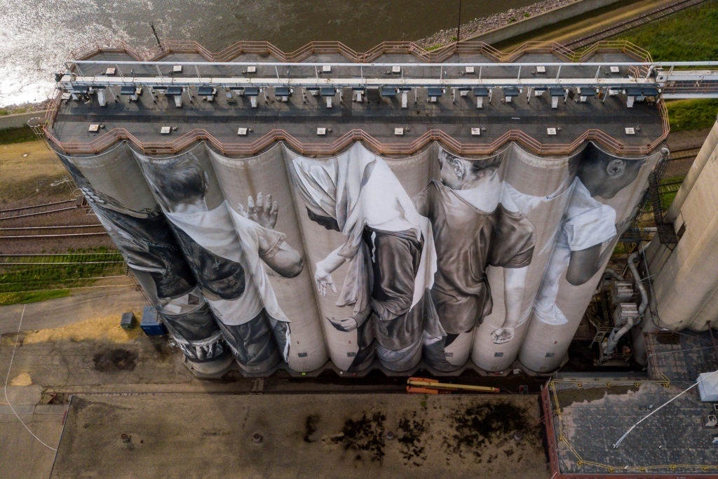 Photo by Rick Pepper - Aerial view of the Silo Art Project in Mankato, MN