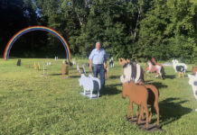 Photo by Mike Lagerquist - Arnie Lillo walks among the 46 pairs of animals created displayed 2-by-2 on his property. The ark he created from Colorado blue spruce will be placed under the rainbow.