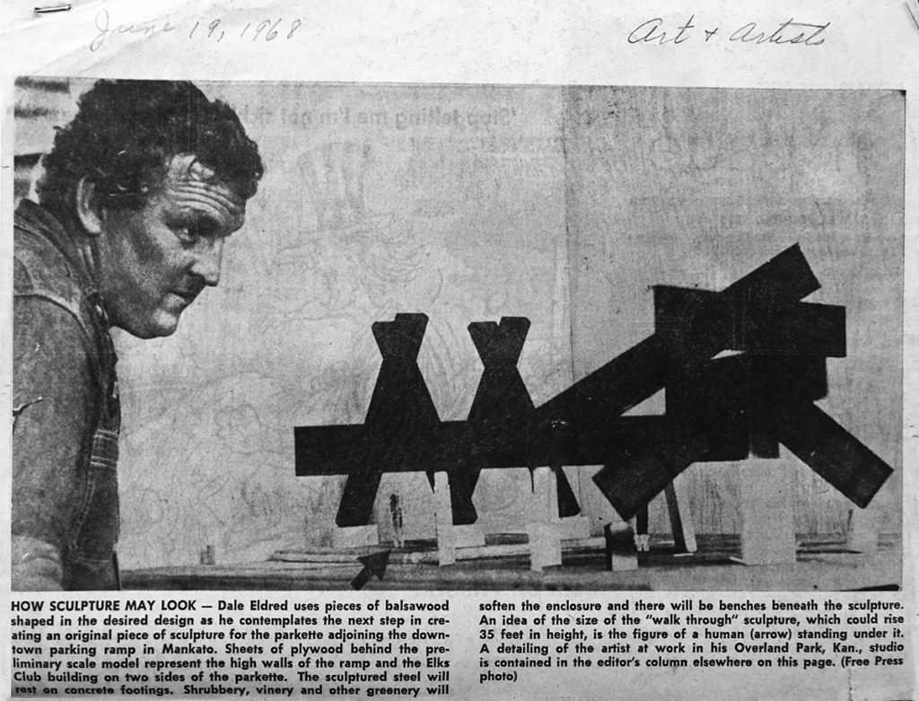 Clipping from June 19, 1968 Mankato Free Press - Artist Dale Eldred and his model of the Mankato Piece