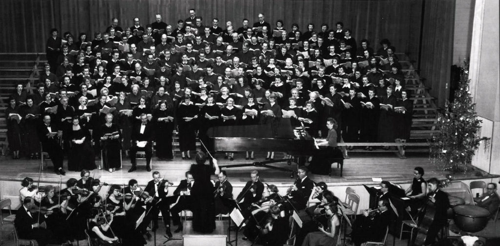 Submitted Photo - Mankato Symphony Orchestra - Bernice Strom directing the Messiah in 1950, John Dennis playing violin
