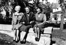 Photo from The Mankato Free Press - The Immortal Trio - L-R: Frances Kenney Kirch (Tacy), Maud Hart Lovelace (Betsy), and Marjorie Gerlach Harris (Tib). This photograph was taken outside Lincoln School (now Lincoln Community Center) in October 1961 when the three attended “Betsy-Tacy Days” in Mankato.