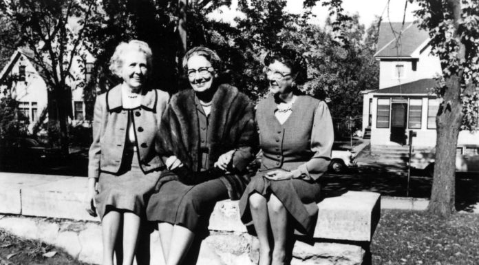 Photo from The Mankato Free Press - The Immortal Trio - L-R: Frances Kenney Kirch (Tacy), Maud Hart Lovelace (Betsy), and Marjorie Gerlach Harris (Tib). This photograph was taken outside Lincoln School (now Lincoln Community Center) in October 1961 when the three attended “Betsy-Tacy Days” in Mankato.