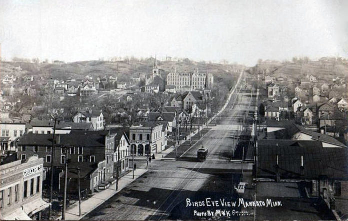 Submitted Photo - This bird’s eye view of Mankato shows Main Street leading up the hill to the edge of town, circa. 1906
