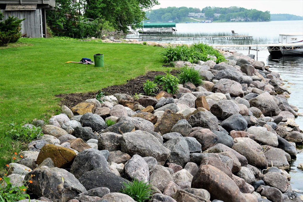 Photo by Karen J Wright - In this photo, Karen has just started removing the turf grass and preparing the ground for planting the native plants along the shoreline.