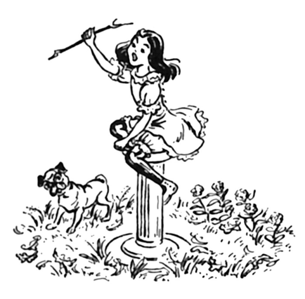 Illustration by Vera Neville from Winona's Pony Cart by Maud Hart Lovelace - Winona perched atop a bird bath in her party dress.