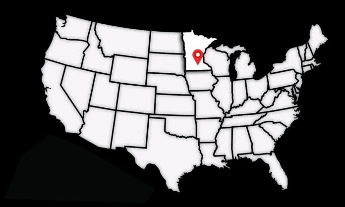 Map of the USA with Minnesota and Mankato highlighted