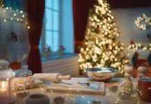 A beautiful kitchen decorated for holidays.