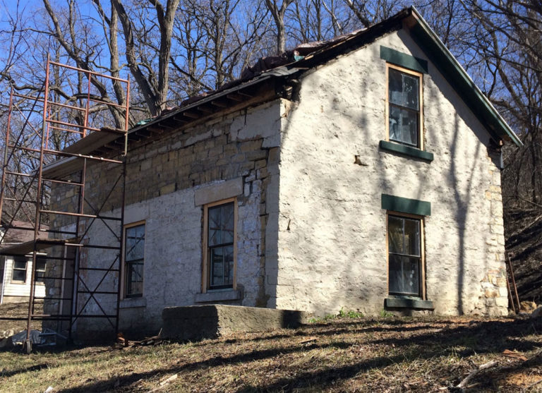 Photo by Mike Lagerquist – In April 2017, restoration work began. With the added front porch gone, the house’s original construction was revealed.