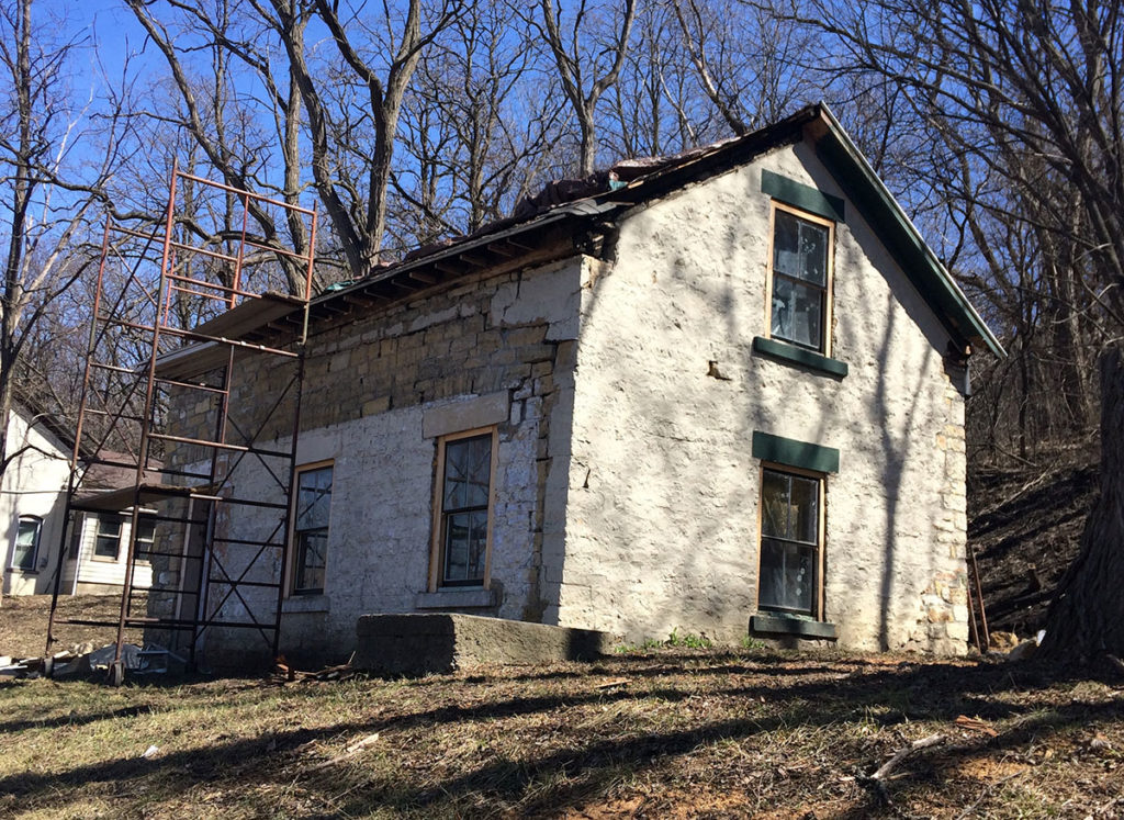 Photo by Mike Lagerquist – In April 2017, restoration work began. With the added front porch gone, the house’s original construction was revealed.