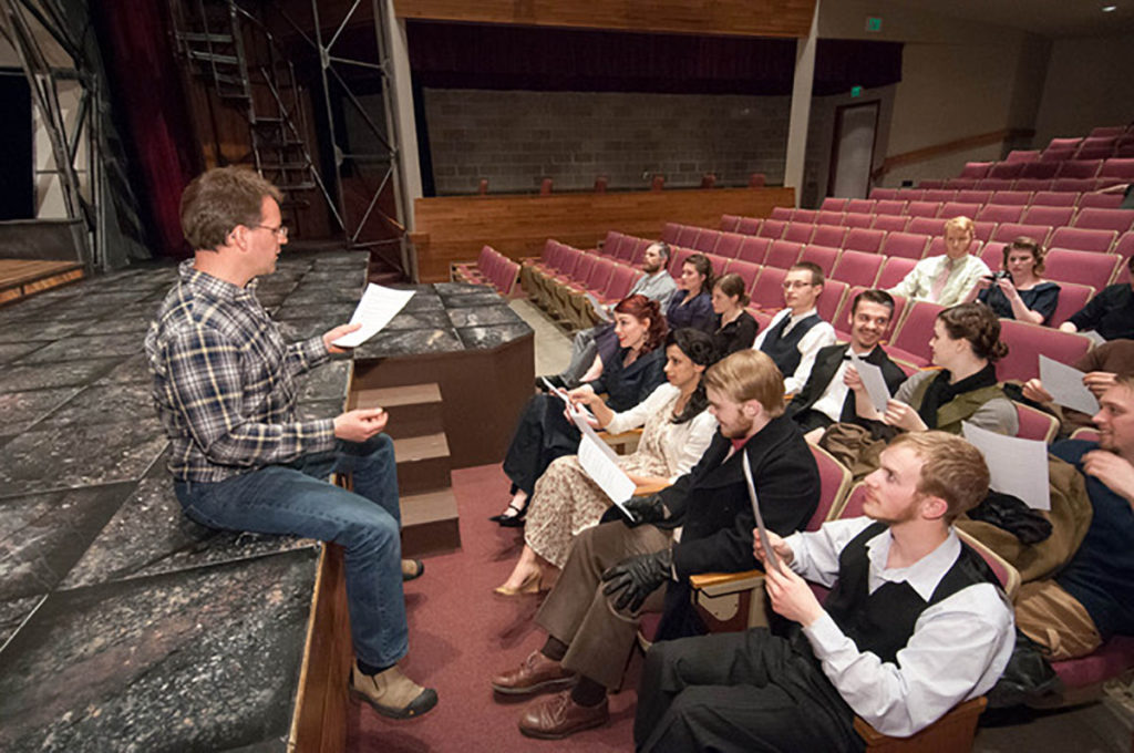 Photo by Benji Inniger- Peter Bloedel on stage, speaking to Hamlet cast