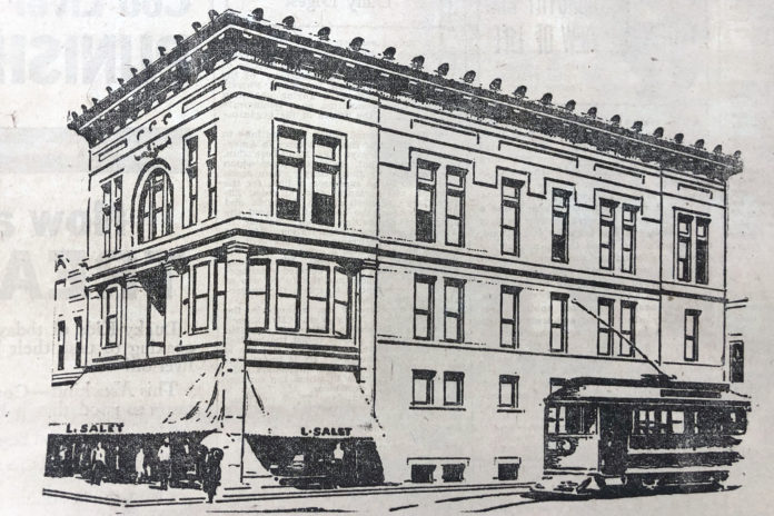 Photo Courtesy Blue Earth County Historical Society — This photo from the January 6, 1928, Mankato Daily Free Press shows the building that Leon Salet purchased at the corner of North Front and Main streets.
