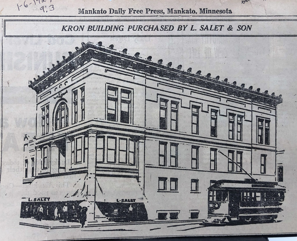 Photo Courtesy Blue Earth County Historical Society — This photo from the January 6, 1928, Mankato Daily Free Press shows the building that Leon Salet purchased at the corner of North Front and Main streets.