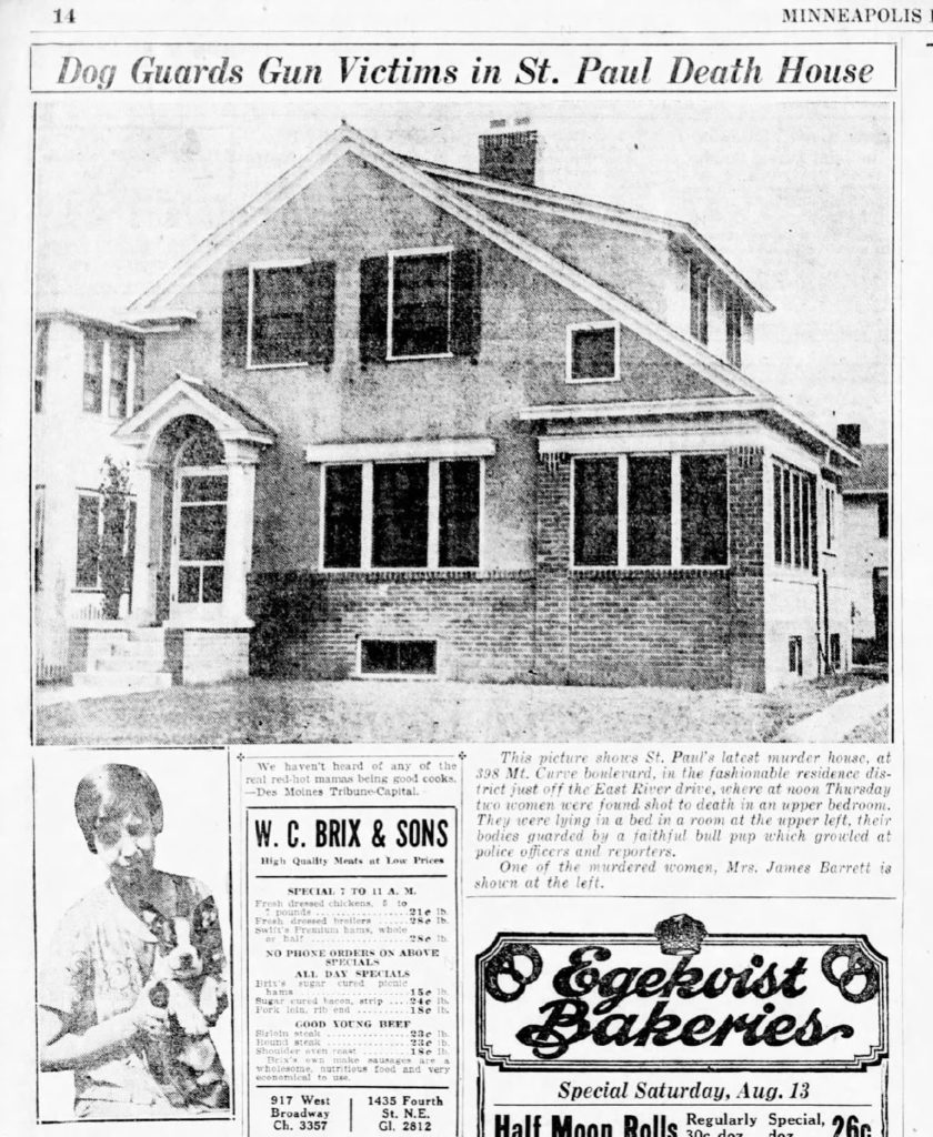 Minneapolis Star - August 12, 1927 - This page shows the house in St. Paul where Ruth Jennings Barret and Lillian Jennings Kooser were killed. In the lower left is Lillian Kooser holding her dog.