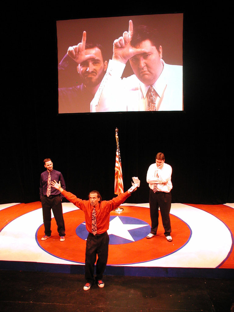 Photo Courtesy of MSU Department of Theatre and Dance – When staged during Highland Summer Theatre 2005, The Complete History of America (abridged) featured Colin Woolston, center, and Ben Thietje, left, and E. J. Subkoviak, right. In the 2021 production, two of the three cast members are women.