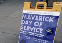 Photo by Meredith Maxwell - Maverick Day of Service sign outside Centennial Student Union