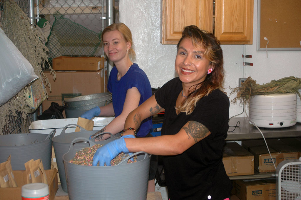 Photo by Don Lipps - Employee Clare Carroll working on Pesuta Winyan tea and volunteer Sabrina Mercedes working on hops tea.